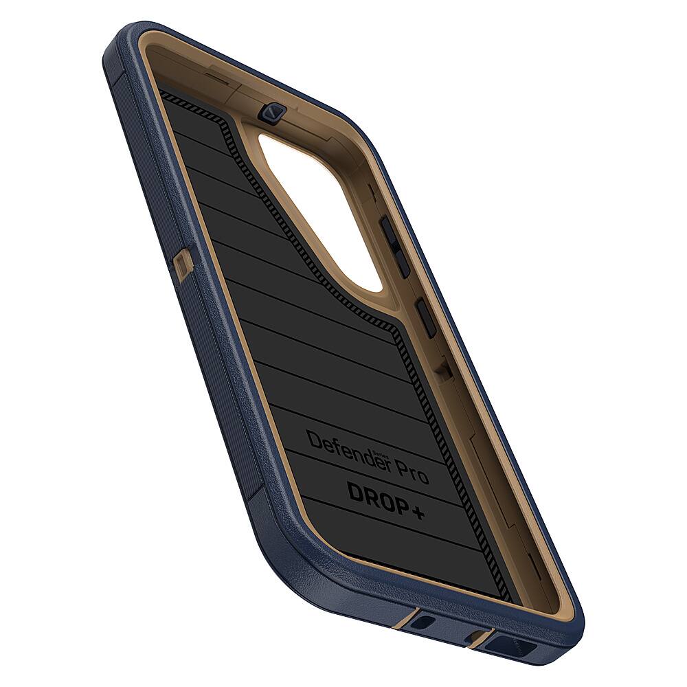 The image features a close-up view of a cell phone case, specifically a Defender Pro case. The case is designed to protect the phone from drops and other potential damage. The case has a blue and brown color scheme, and it is made of durable materials to ensure the phone's safety. The case is also equipped with a DROP+ feature, which provides additional protection against drops and impacts.