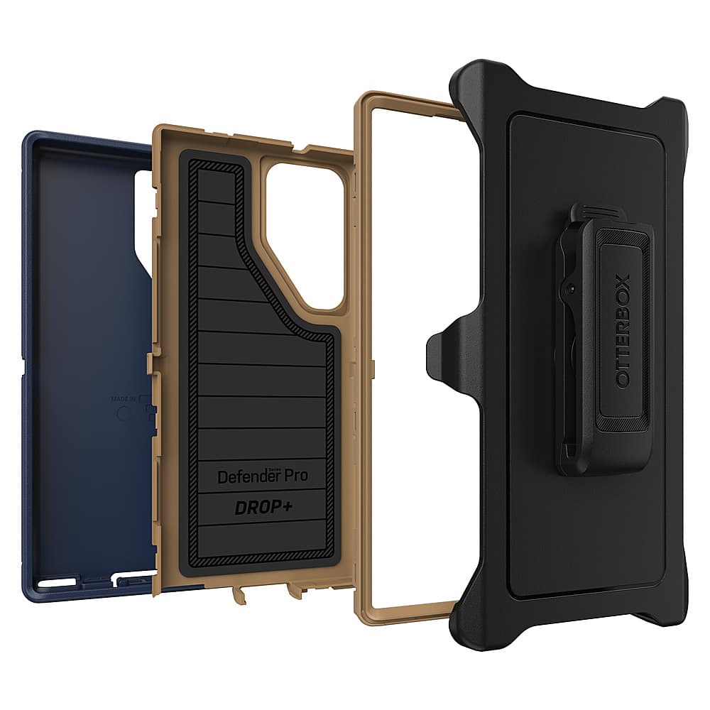 The image features a black and brown Otterbox case for a smartphone. The case is designed to protect the phone from drops and other potential damages. The case is open, revealing the interior of the case, which is made of a hard plastic material. The Otterbox is a popular choice for smartphone protection due to its durability and reliable design.