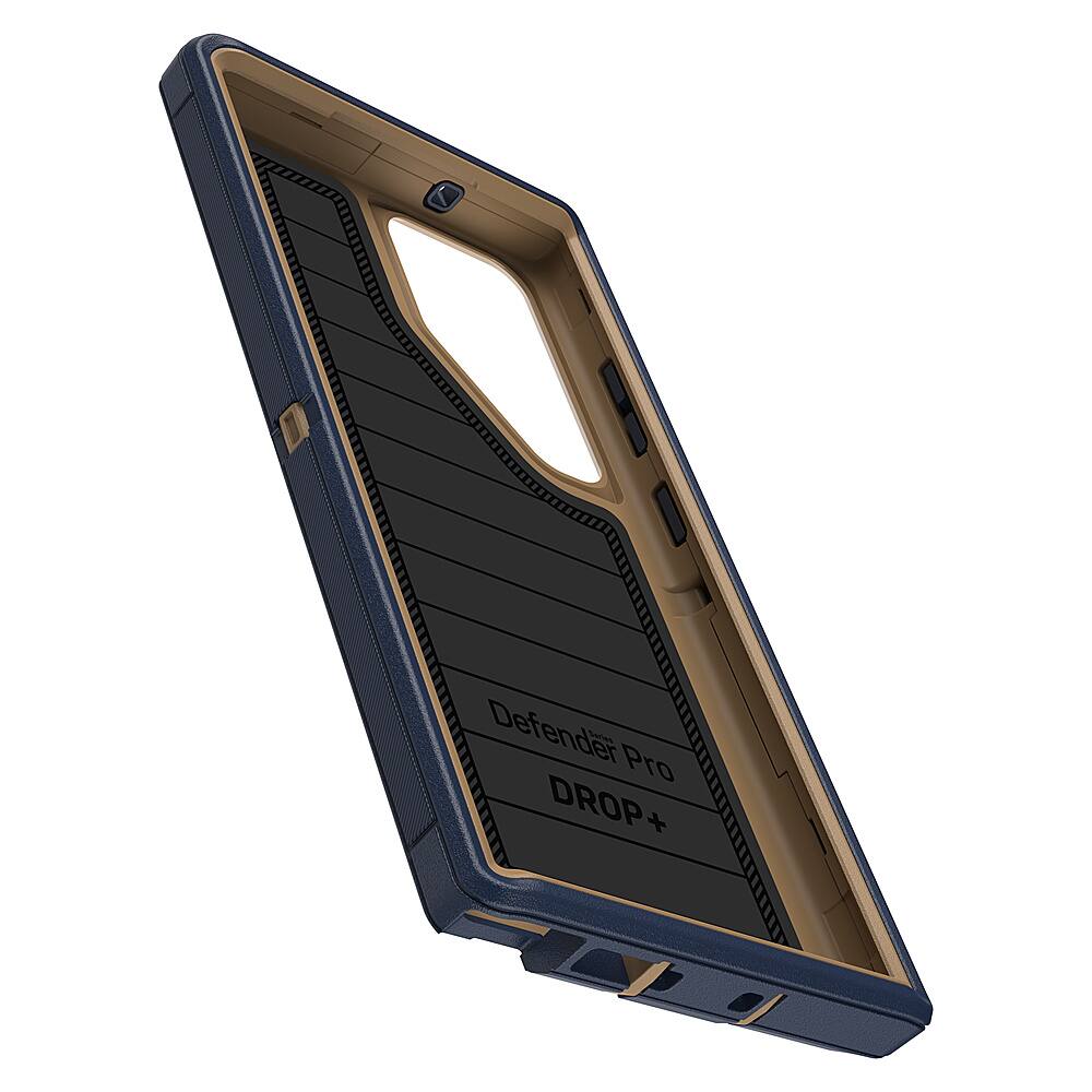 The image showcases a cell phone case, specifically a Defender Pro case, which is designed to protect the phone from drops and impacts. The case is made of durable materials and features a unique design that allows for easy access to the phone's screen and controls. The case is available in a variety of colors and is compatible with a wide range of smartphones.