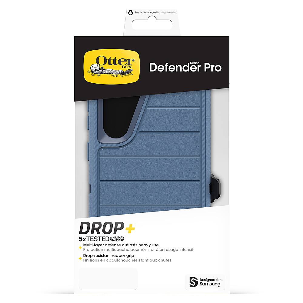 The image features a blue Otterbox Defender Pro case for a Samsung phone. The case is designed to provide military-grade protection and is drop-tested to ensure its durability. The case has a multi-layer defense system that outlasts heavy use, and it also features a drop-resistant rubber grip for added protection. The packaging for the case is also shown, which includes a blue color and a yellow logo.