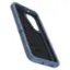 The image features a blue and black cell phone case, which is part of the Defender Series Pro. The case is designed to protect the phone from drops and other potential damage. The case is made of durable materials and has a sturdy construction to ensure the phone's safety.