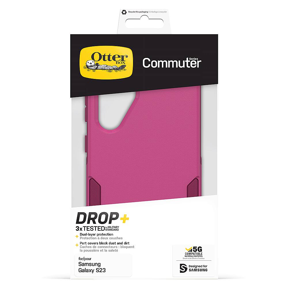 The image features a pink Otterbox Commuter case for a Samsung Galaxy S23 5G. The case is designed to protect the phone from drops and other impacts, and it is compatible with the Samsung Galaxy S23 5G. The case is made of dual-layer protection, which includes a hard outer shell and a soft inner lining to provide extra cushioning. The case also features port covers to block dust and dirt, and it has a built-in screen protector to shield the phone's display from scratches and other damage. The case is available in a variety of colors, including pink, and it is 3x tested to ensure its durability and effectiveness.