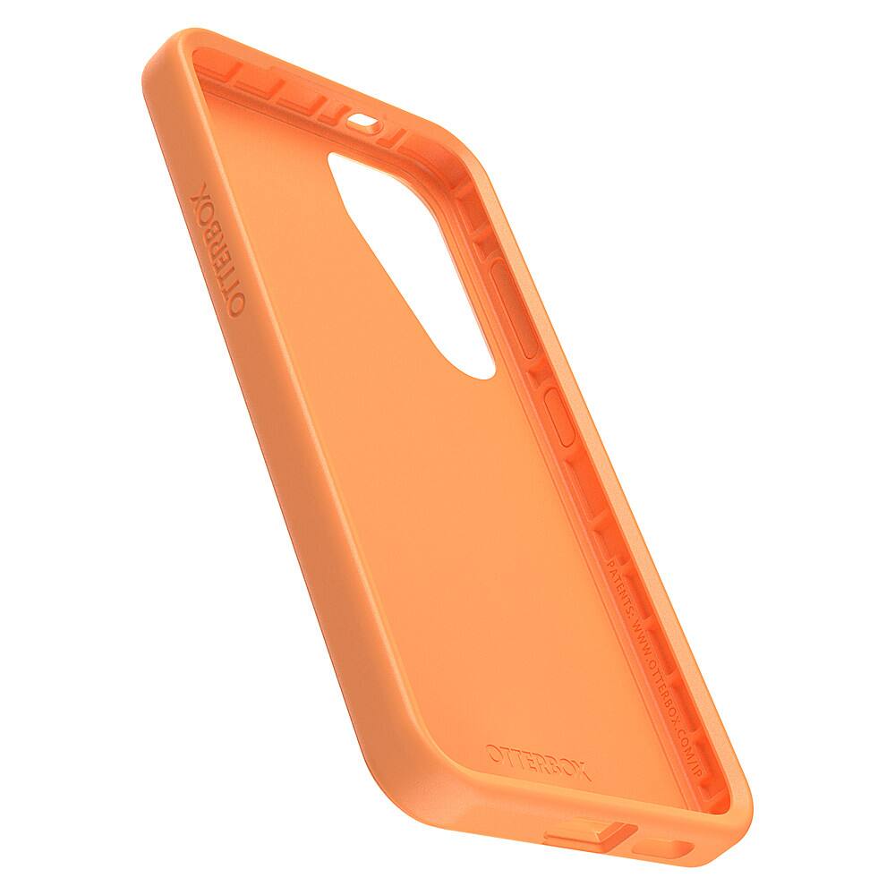 The image features an orange Otterbox case for a cell phone. The case is designed to protect the phone from drops and impacts. The case is made of a durable plastic material and has a hinged design that allows the phone to be easily inserted and removed. The case is also designed to be easily gripped and held securely. The Otterbox brand is known for its high-quality protective cases for electronic devices.