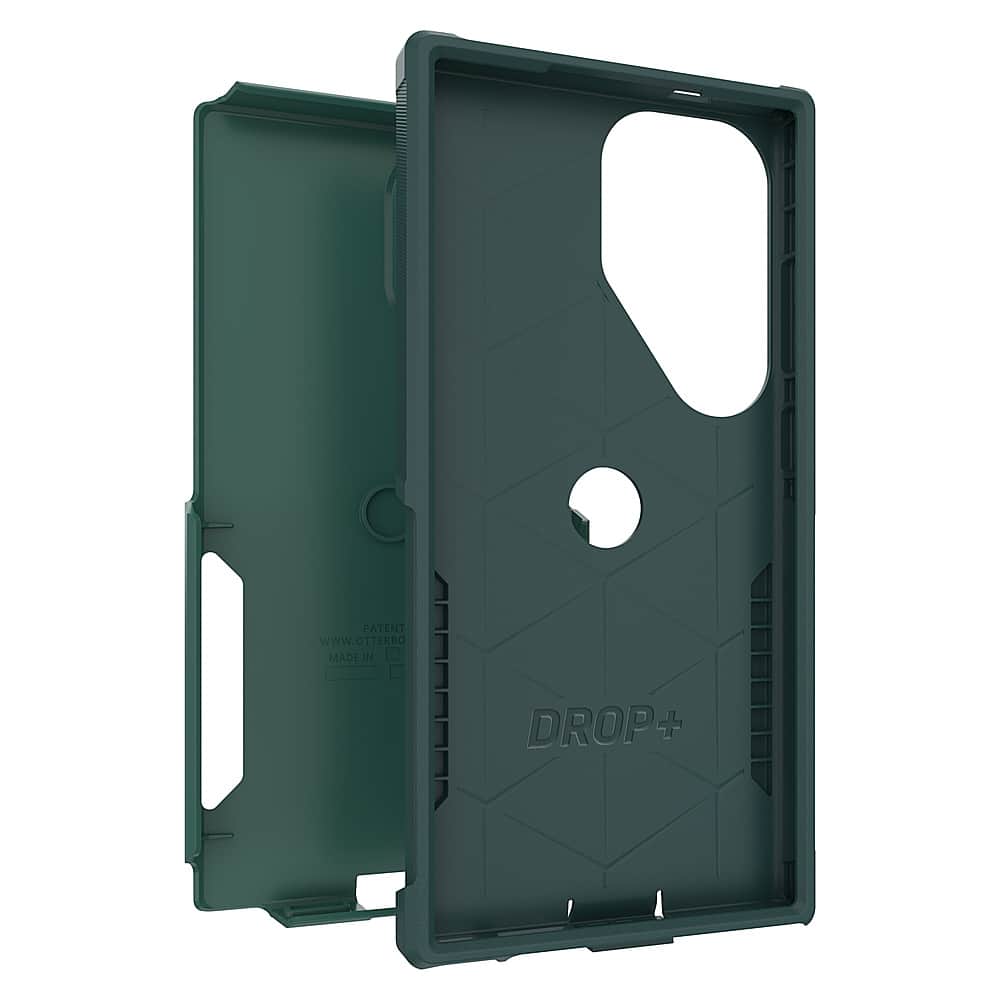 The image features a green case for a cell phone, which is designed by Drop+. The case is made of hard plastic and has a unique hexagonal pattern. It is a protective case that covers the cell phone, providing protection from scratches and other potential damages. The case is designed to fit the phone snugly, ensuring that it stays securely in place.