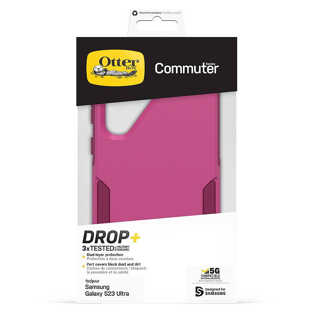 The image features a pink Otterbox Commuter case for the Samsung Galaxy S23 Ultra 5G. The case is designed to provide dual-layer protection and is 3x tested to ensure durability. The packaging includes a drop test feature, which is designed to protect the phone from drops and impacts. The case also includes port covers to block dust and dirt, as well as covers for the S Pen and other connectors. The case is compatible with the Samsung Galaxy S23 Ultra 5G and is available in a pink color.