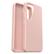 The image features a pink cell phone case, which is an Otterbox case. The case is designed to protect the phone from scratches and other damages. The case is open, revealing the phone inside. The case is made of a durable material that can withstand everyday wear and tear.
