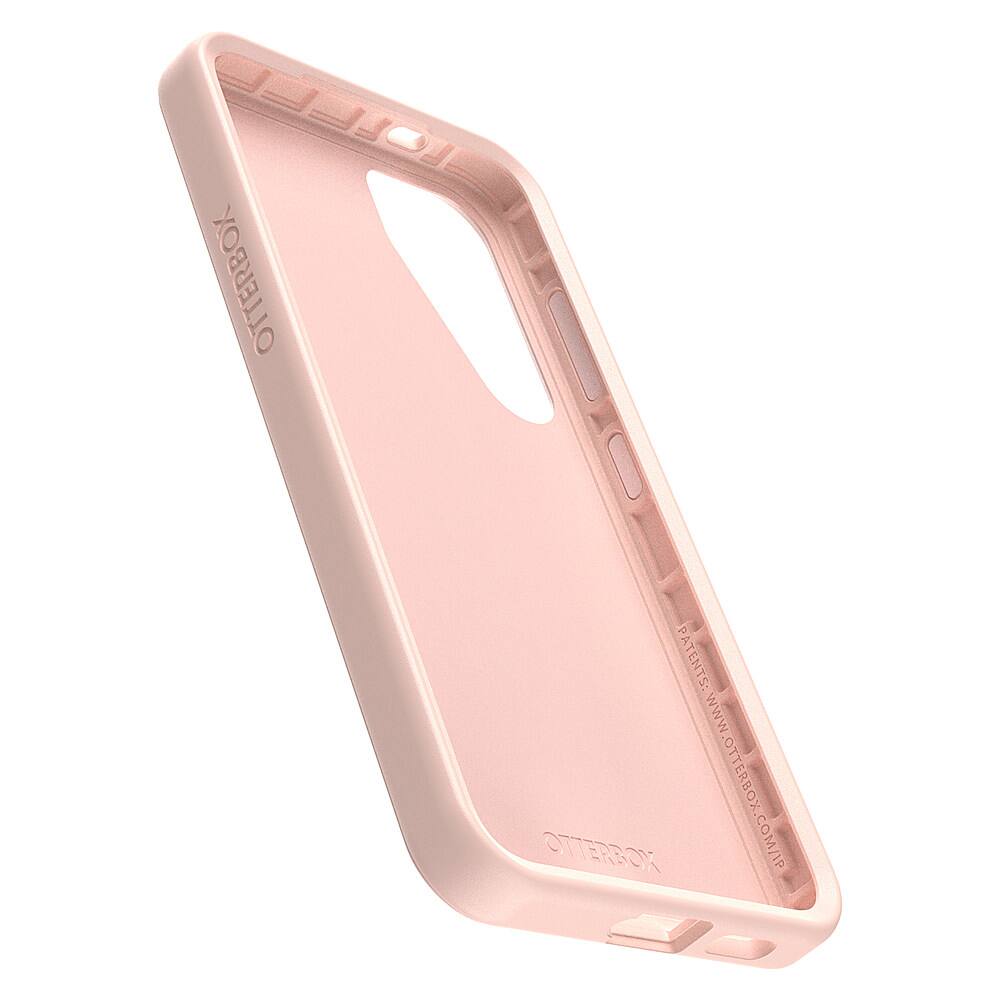 The image features a pink Otterbox case for an iPhone. The case is designed to protect the phone from scratches and drops. The case is made of a durable material and has a slim profile, making it easy to carry around. The Otterbox case is patented and can be found at the company's website, [www.otterbox.com/ip](http://www.otterbox.com/ip).