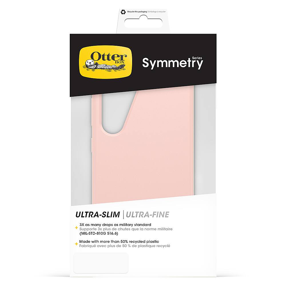The image features a pink Otterbox case for a smartphone. The case is designed to be ultra-slim and ultra-fine, providing protection for the device while maintaining a sleek appearance. The case is made with more than 50% recycled plastic, making it an environmentally friendly choice. Additionally, the case is built to withstand military-grade drop tests, ensuring that it can withstand the wear and tear of daily use.