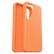 The image features a bright orange case for a cell phone. The case is made of a hard plastic material and has a unique design, with a large opening in the center. The case is designed to protect the phone from scratches and minor impacts. The case is open, revealing the phone inside.