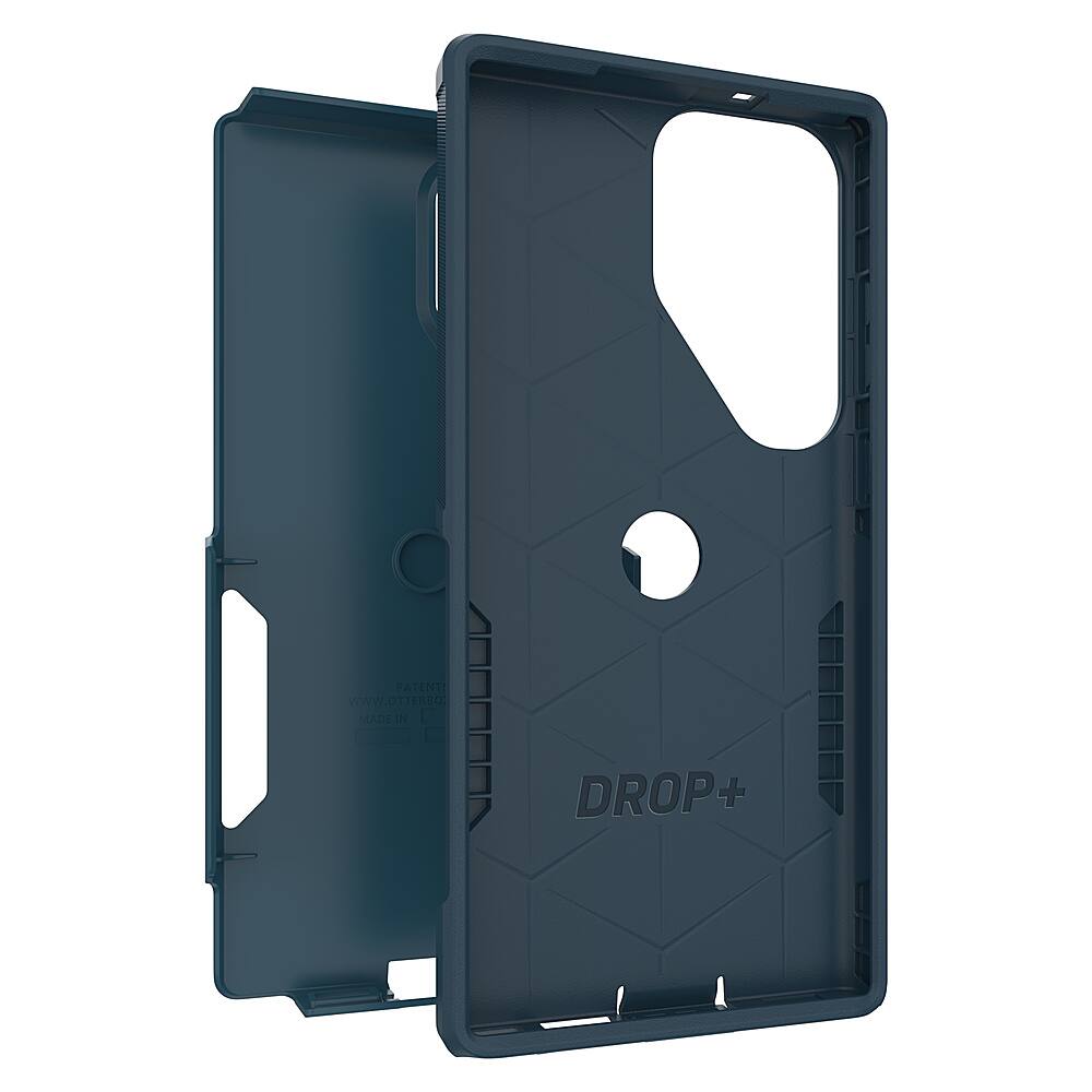 The image features a black case for a cell phone, which is made by Drop+. The case has a unique design with a hexagonal pattern on the back. The case is designed to protect the cell phone and provide a secure fit. The case is made in the USA and is patented by WWW.OTTERSO.