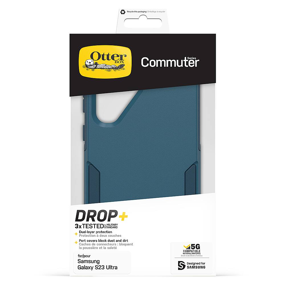 The image features a blue Otterbox Commuter case for a Samsung Galaxy S23 Ultra 5G. The case is designed to provide dual-layer protection and is military-tested to ensure durability. The packaging showcases the features of the case, including its drop protection and port covers that block dust and dirt. The case is compatible with the Samsung Galaxy S23 Ultra 5G and is available in a 3x tested toughness version.