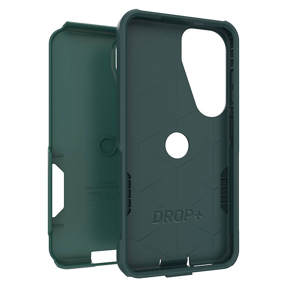 The image features a green case for a cell phone, which is made by the company Drop+. The case is designed to protect the phone from drops and impacts, providing a durable and secure fit. The case is open, revealing the interior design and the protection it offers for the phone.