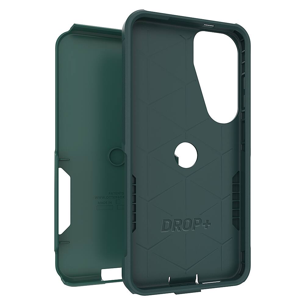 The image features a green Otterbox case for a cell phone. The case is designed with a unique pattern and has the word "Drop+" written on it. The case is open, revealing the interior of the case. The case is made to protect the cell phone from drops and other impacts.