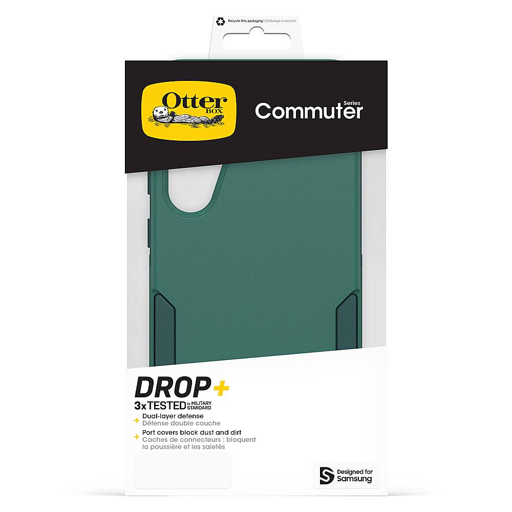The image features a green Otter Series BOX Commuter case for a Samsung device. The case is designed to protect the device from dust, dirt, and drops, as it is military-tested and has a dual-layer defense. The packaging also includes a drop-tested feature, ensuring that the case can withstand a drop of up to 3x the device height. The case is made with a port cover that blocks dirt and dust, and it also features a design that covers the device's connectors.