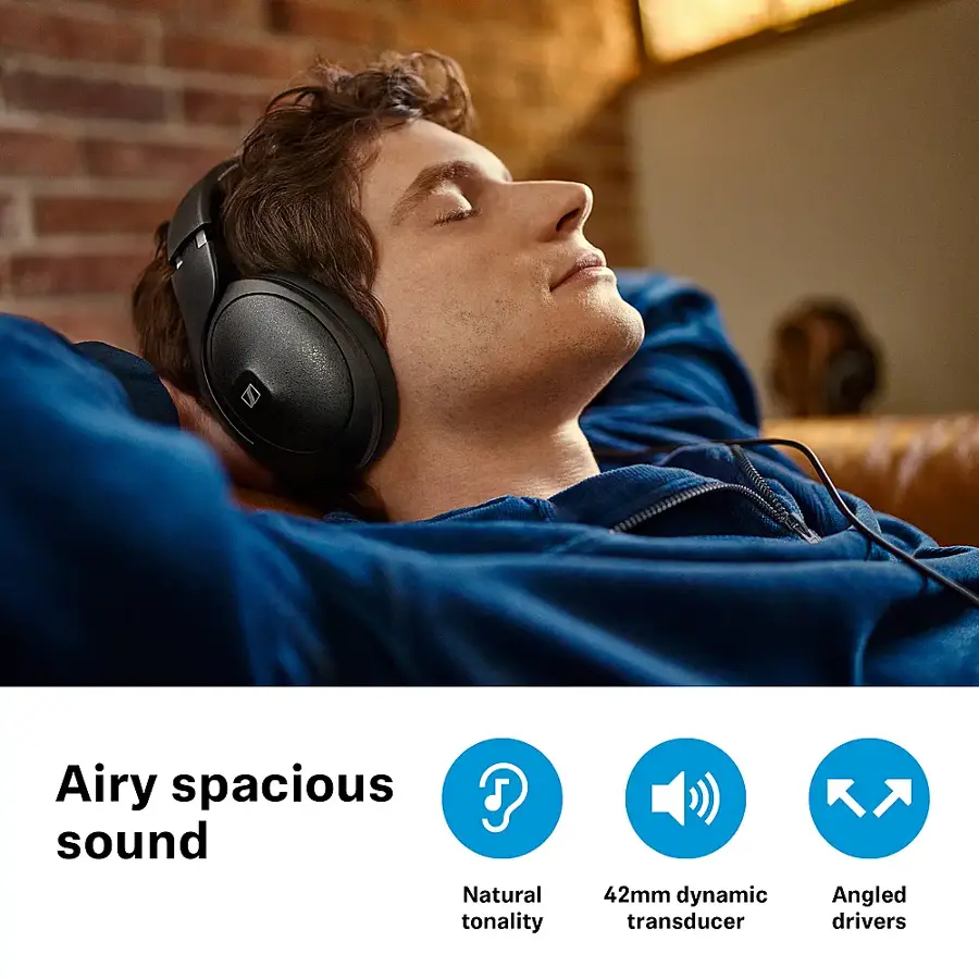 Airy spacious sound: The headphones provide a sense of openness and space in the sound, making it feel more immersive and comfortable for the listener.

Natural tonality: The headphones deliver a sound that is true to the original source, preserving the natural tonal qualities of the music or audio.

42mm dynamic transducer: The headphones feature a 42mm dynamic transducer, which is responsible for producing the sound. This size is considered to be a good balance between sound quality and portability.

Angled drivers: The headphones have angled drivers, which help to direct the sound towards the listener's ears, providing a more focused and accurate sound experience.