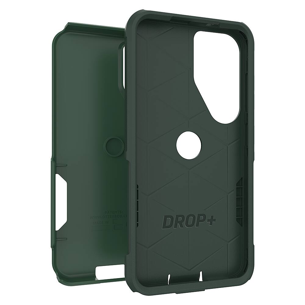 The image features a green case for a cell phone, which is made by the company Drop+. The case is designed to protect the phone from drops and impacts, and it is available in various colors. The case is made of durable materials and is designed to fit snugly around the phone. The image showcases the case in its open position, revealing the interior of the case.