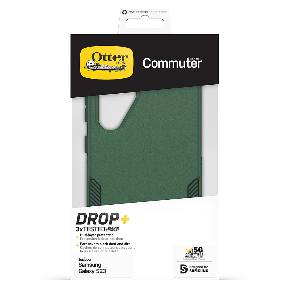 The image features a green Otter Series BOX Commuter DROP + case for a Samsung Galaxy S23 5G. The case is designed to provide dual-layer protection and block dust and dirt. It also includes port covers to protect the connectors and a built-in stand for easy viewing. The case is compatible with the Samsung Galaxy S23 5G and has been tested for durability.
