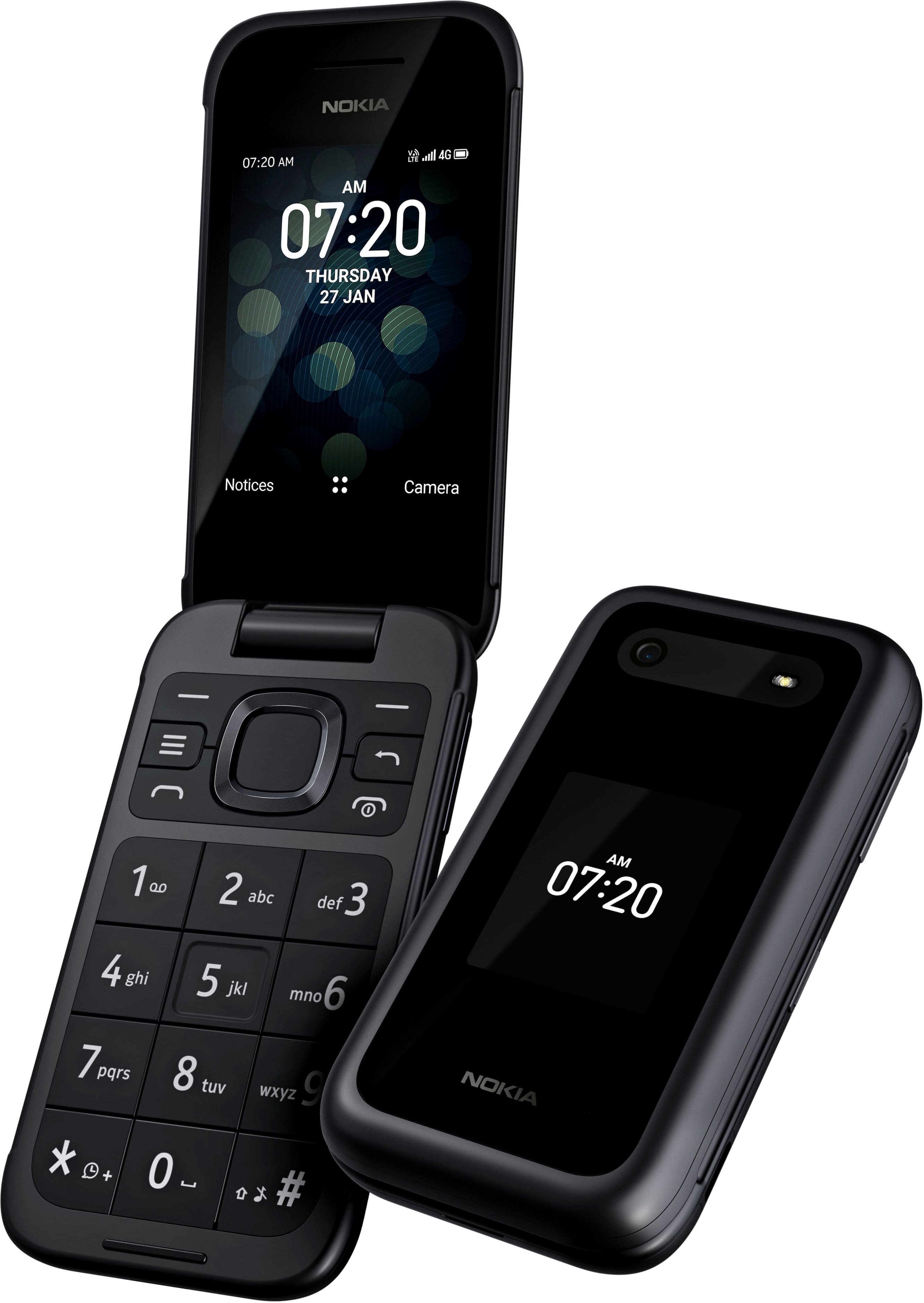 The image features two Nokia cell phones, one of which is a flip phone. The flip phone is open and displays the time as 07:20. The other phone is a smartphone, which also shows the time as 07:20. Both phones are placed next to each other, with the flip phone on the left and the smartphone on the right.