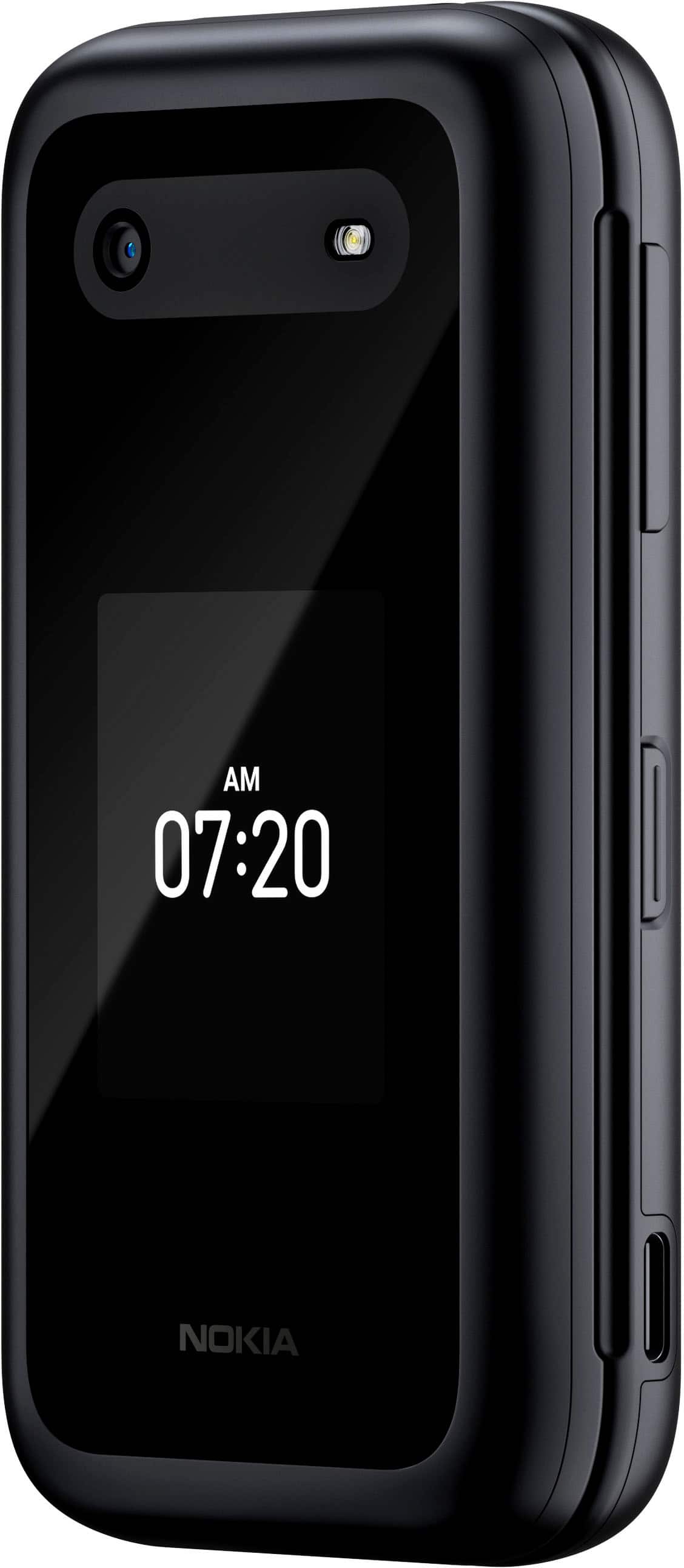The image features a black Nokia cell phone with a display showing the time as 07:20. The phone is positioned in the center of the image, with a white background.