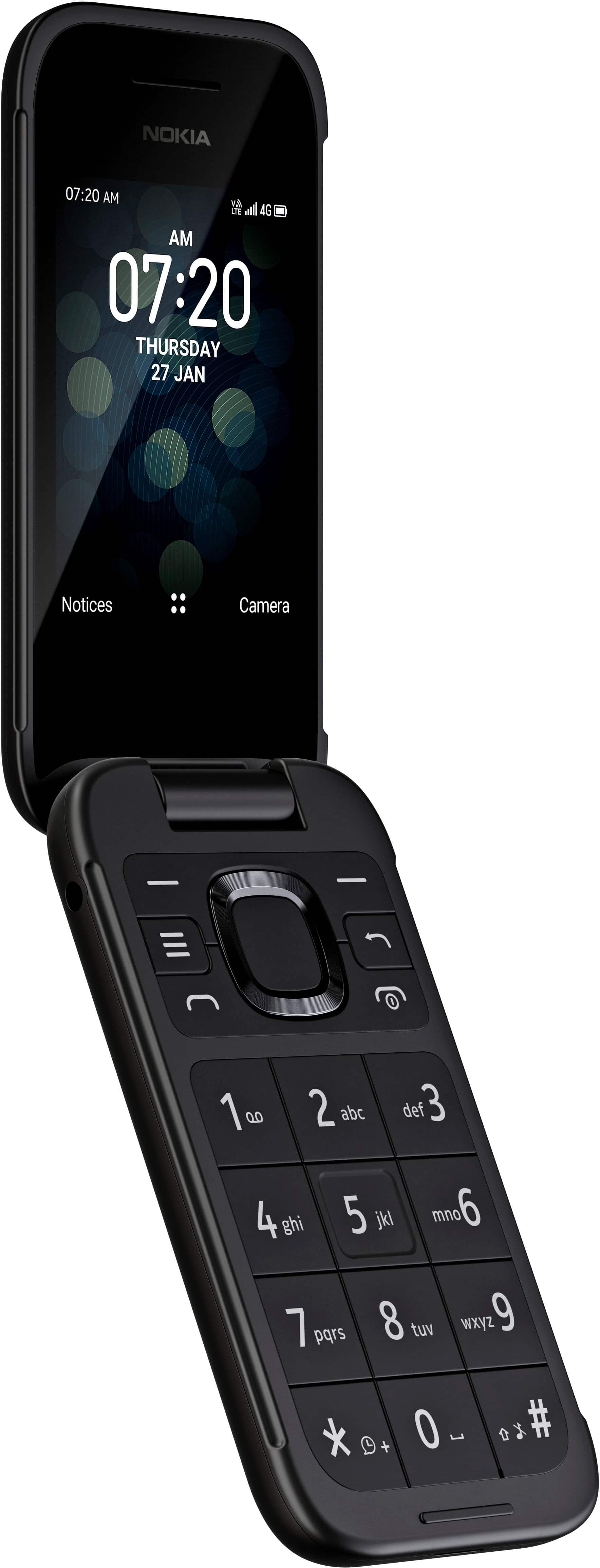 The image features a Nokia cell phone with a black case and a blue screen. The time displayed on the screen is 07:20. The phone is turned on and ready to use.