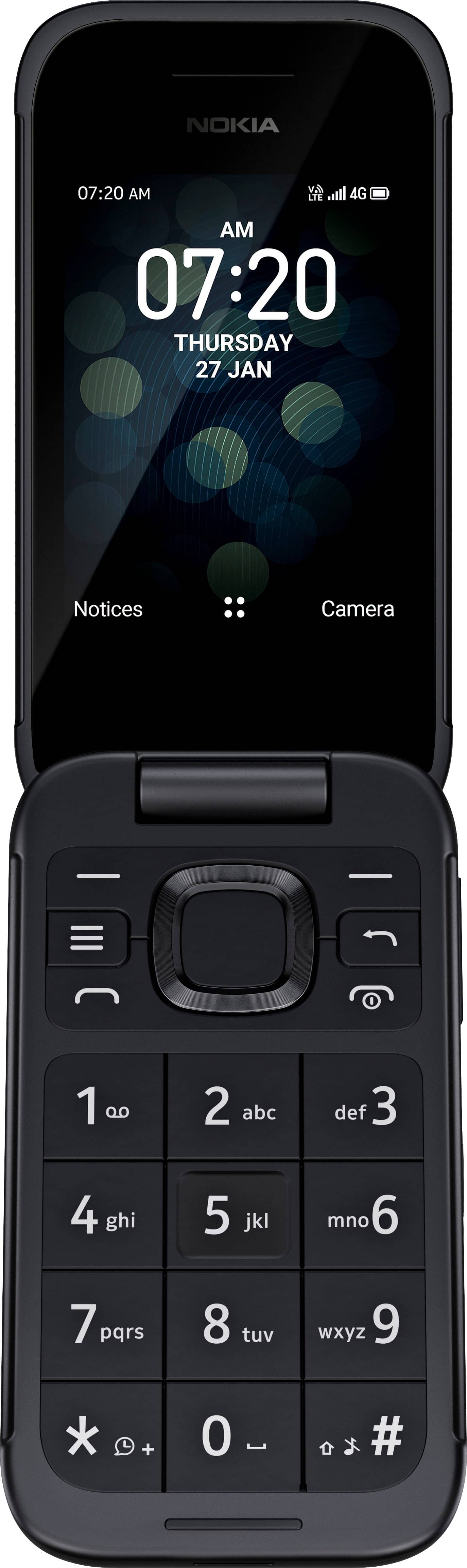 The image features a Nokia cell phone with a display showing the time as 07:20 on Thursday, January 27. The phone has a compact design with a numeric keypad and a camera icon on the screen.