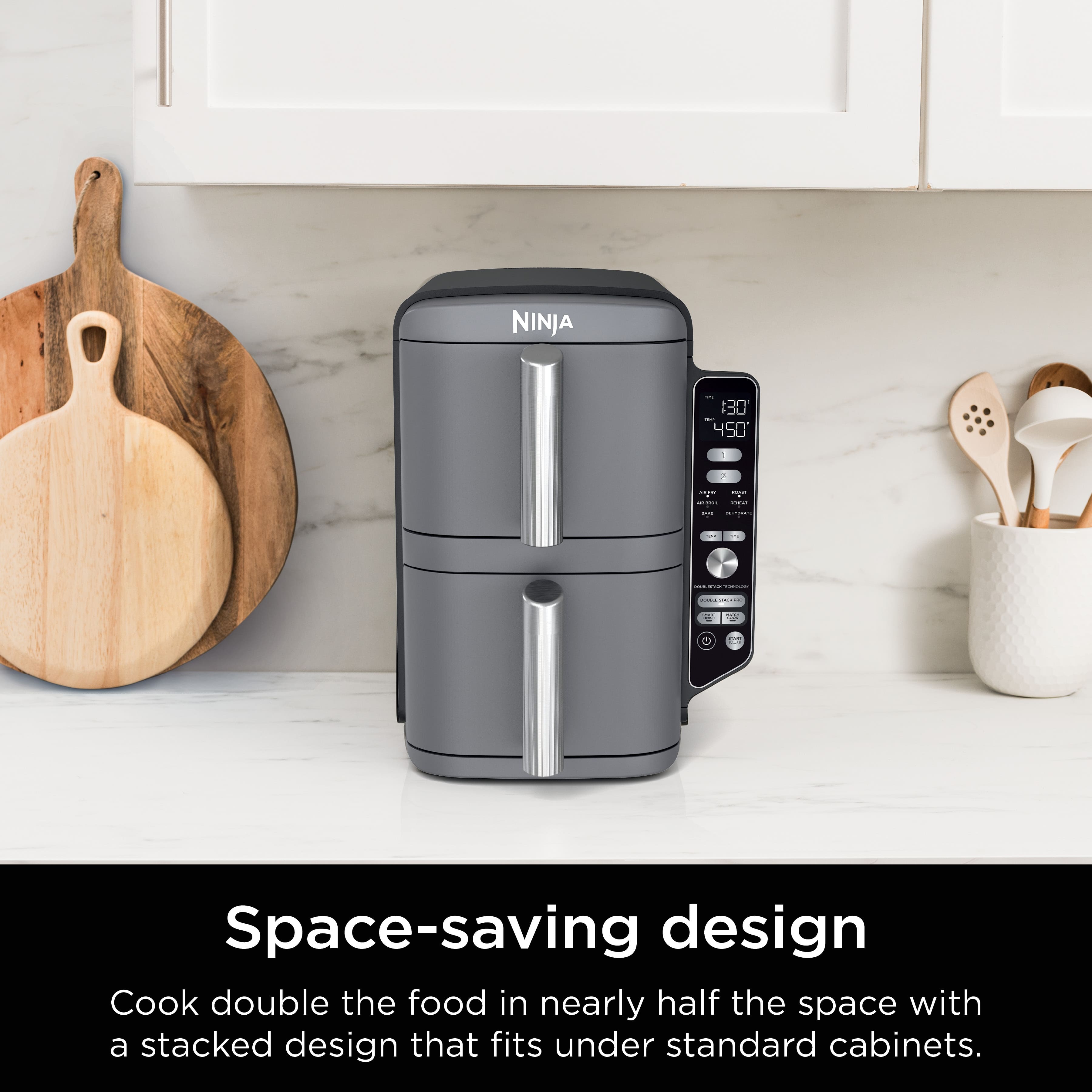 Space-saving design Cook double the food in nearly half the space with a stacked design that fits under standard cabinets.