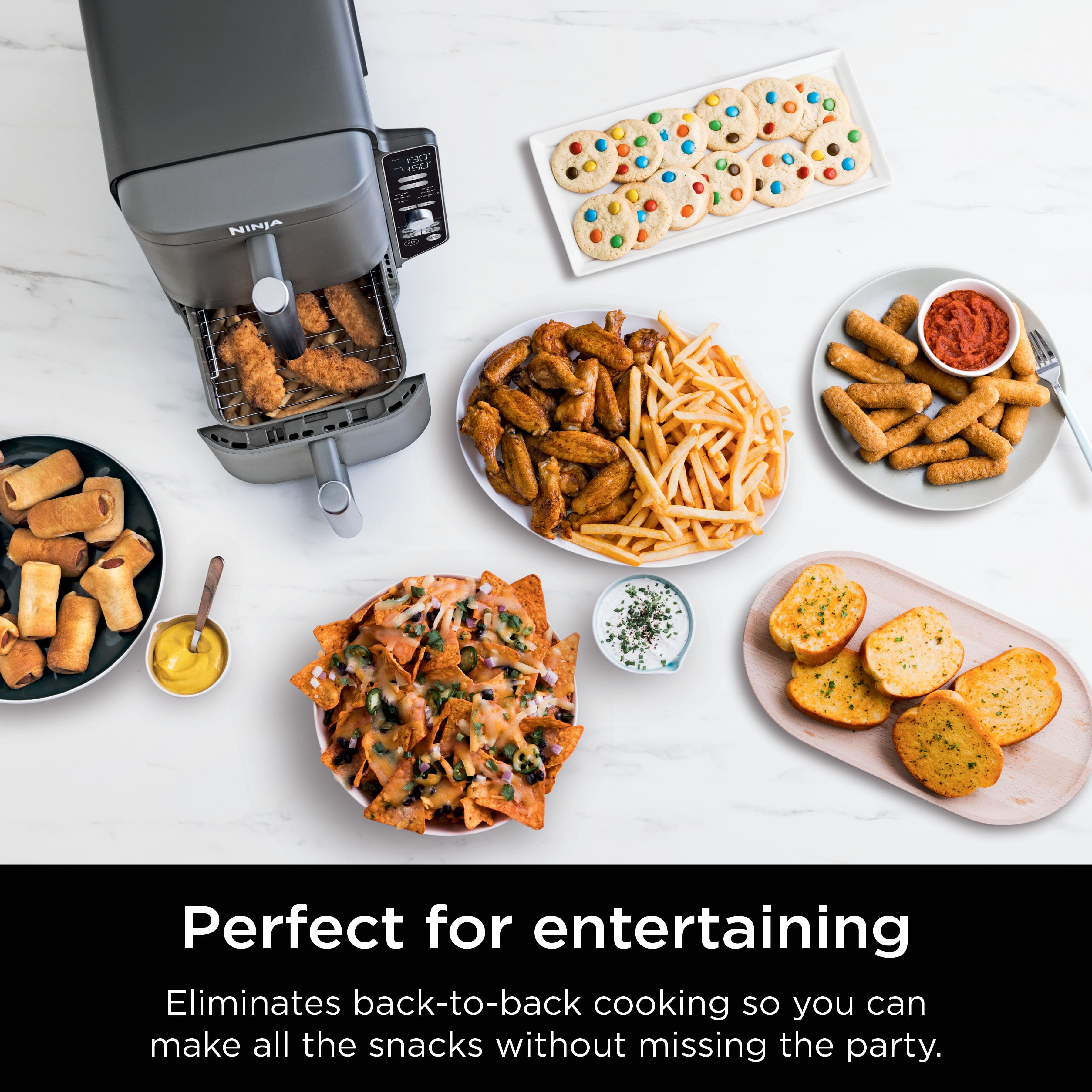 1K3 NINJA Perfect for entertaining Eliminates back-to-back cooking so you can make all the snacks without missing the party.