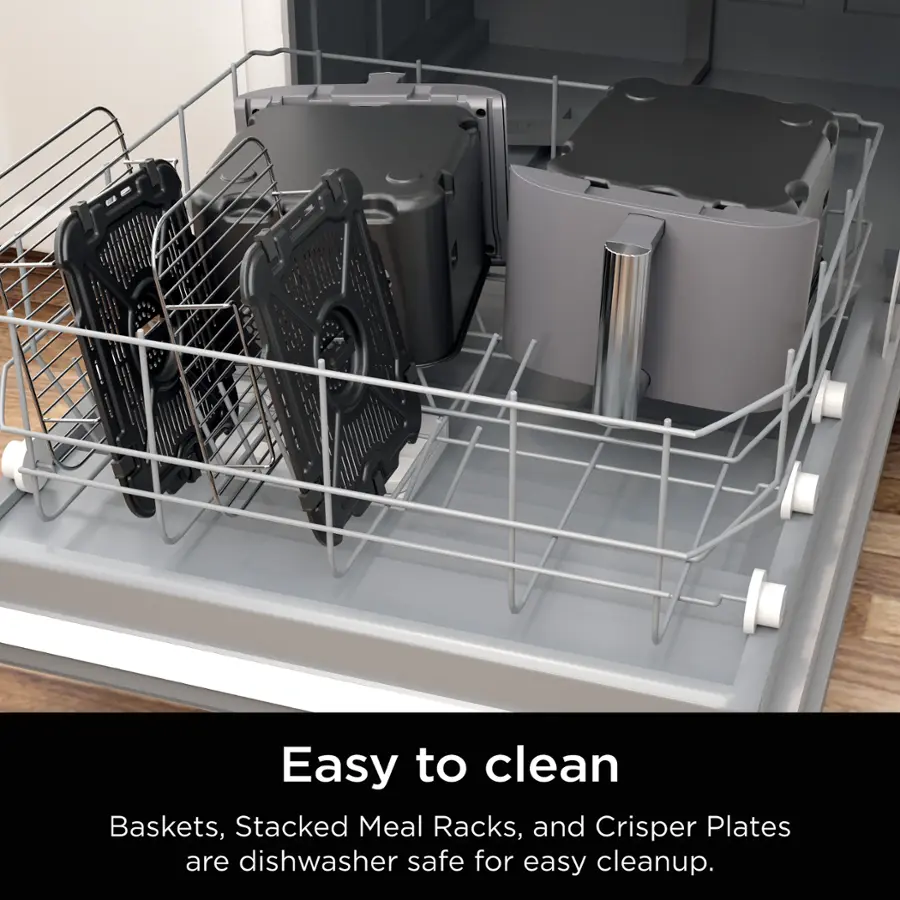 Easy to clean Baskets, Stacked Meal Racks, and Crisper Plates are dishwasher safe for easy cleanup.