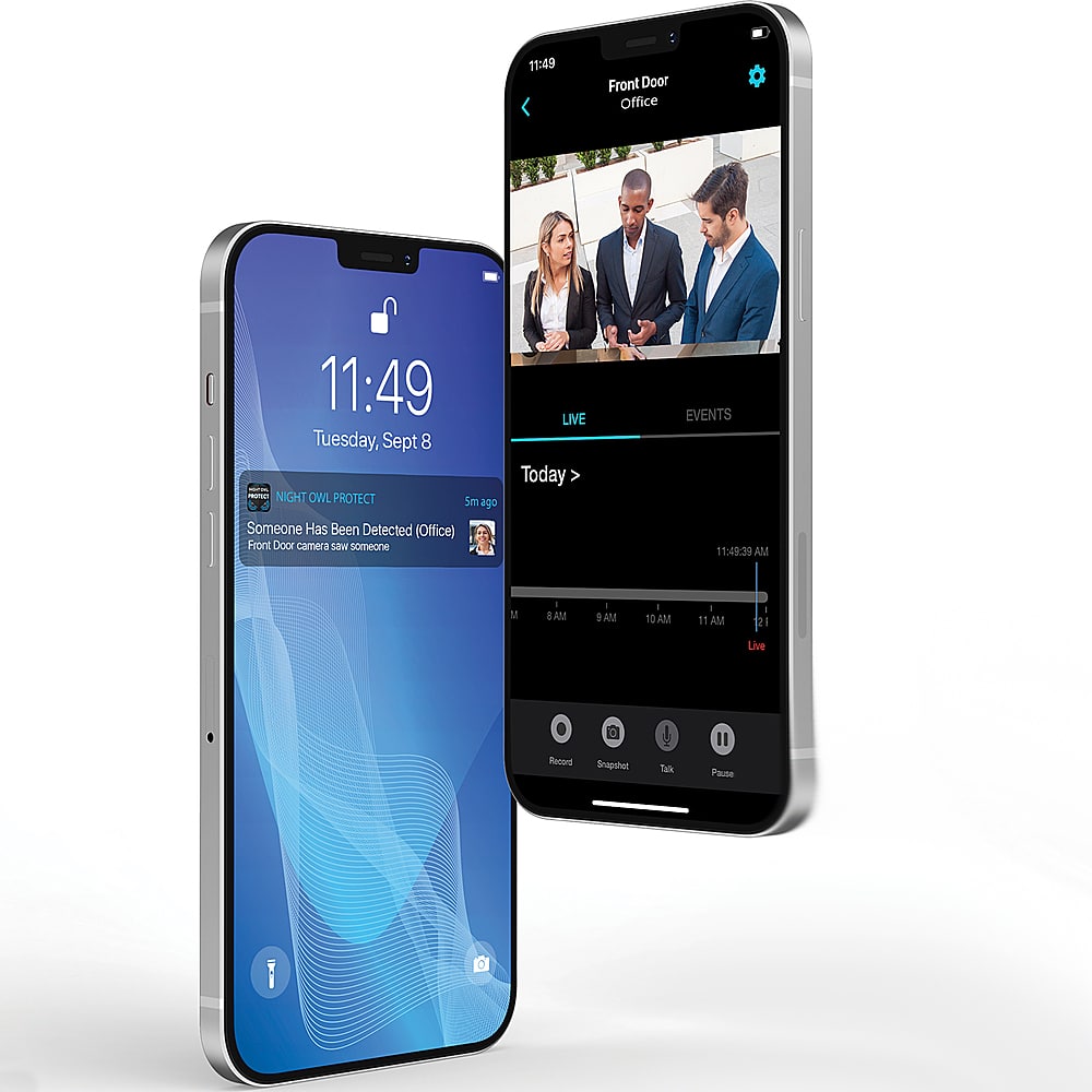 The text on the image reads: "11:49 Front Door Office 11:49 Tuesday, Sept 8 -- adds NIGHT OWL PROTECT 5m ago LIVE Today > EVENTS Someone Has Been Detected (Office) Front Door mera See someone 11:42:20 AM M I I AM 1 AM - to AM 11 AM d 21 Live Recod Snapghot Dak Fause."