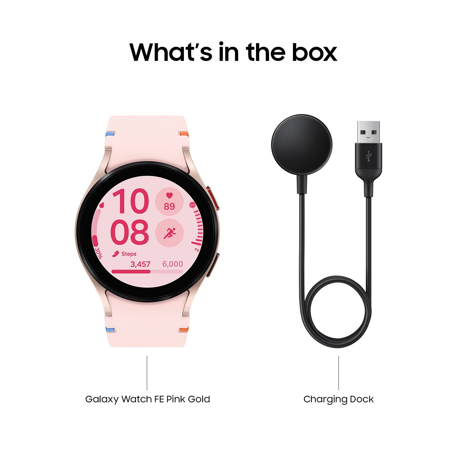 What's in the box: Galaxy Watch FE Pink Gold Charging Dock.