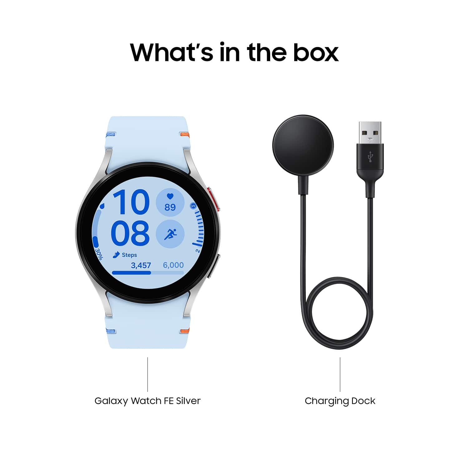What's in the box: Galaxy Watch FE Silver, Charging Dock, and USB Cable.