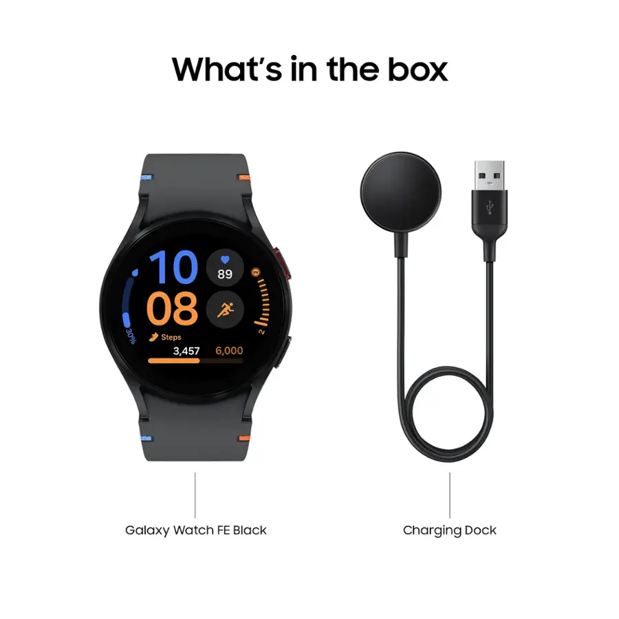 What's in the box: Galaxy Watch FE Black, Charging Dock, and a USB cable.
