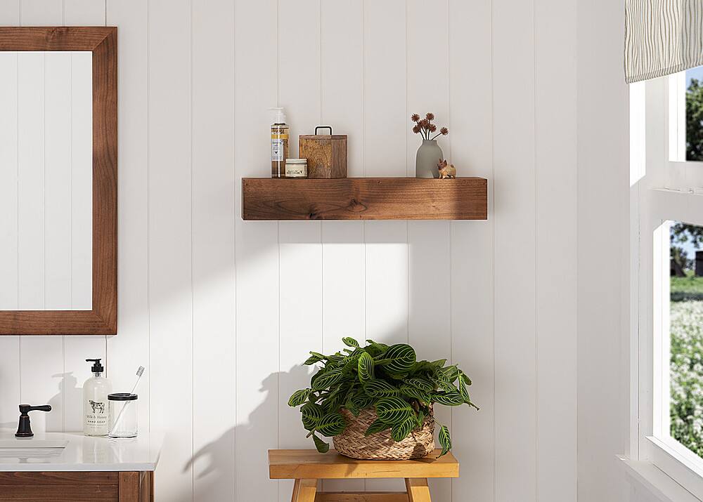 Left. TRINITY - DRAKESTONE | Farmhouse Floating Shelf | Walnut - Walnut.