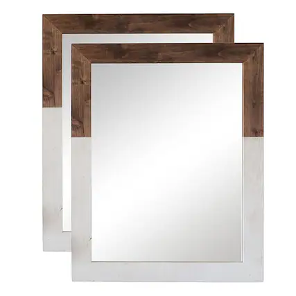 Angle. TRINITY - DRAKESTONE | 24x31 Two Toned Farmhouse Vanity Mirror | 2-Pack |White Wash and Walnut - White Wash and Walnut.