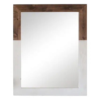 Angle. TRINITY - DRAKESTONE | 24x31 Two Toned Farmhouse Vanity Mirror | White Wash and Walnut - White Wash and Walnut.