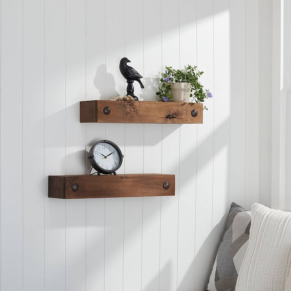 Angle. TRINITY - DRAKESTONE | Farmhouse Floating Shelf w/ Clavos | 2-Pack | Walnut - Walnut.
