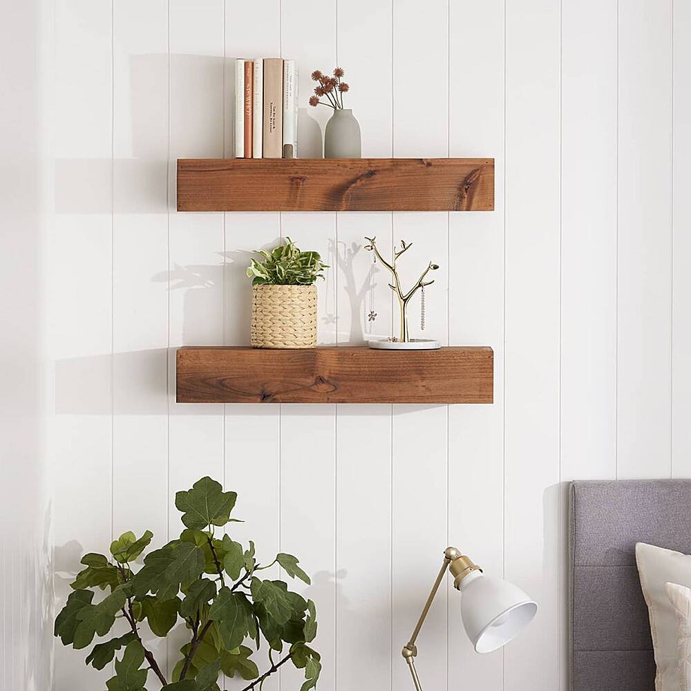 Angle. TRINITY - DRAKESTONE | Farmhouse Floating Shelf | 2-Pack | Walnut - Walnut.
