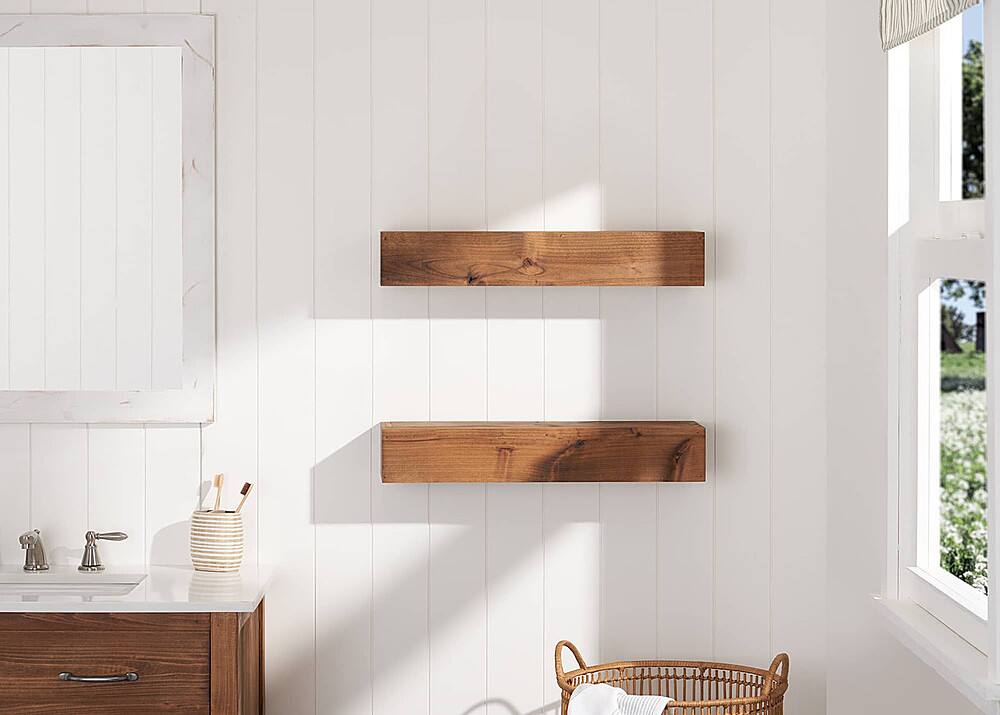 Left. TRINITY - DRAKESTONE | Farmhouse Floating Shelf | 2-Pack | Walnut - Walnut.
