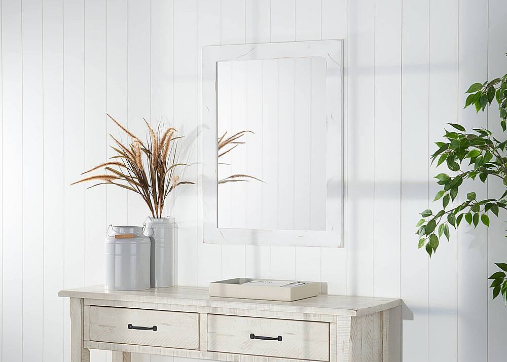 Left. TRINITY - DRAKESTONE | 24x31 Farmhouse Vanity Mirror | White Wash - White Wash.