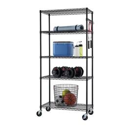 TRINITY - 5-Tier 36x18x72 Commercial Wire Shelving NSF w/ Sidebar & Wheels Black - Black