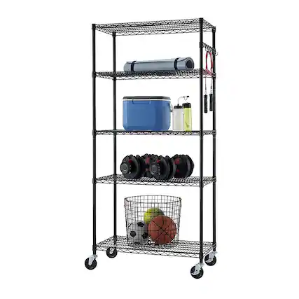 Front. TRINITY - TRINITY 5-Tier | 36x18x72 | Commercial Wire Shelving | NSF | w/ Sidebar & Wheels | Black - Black.