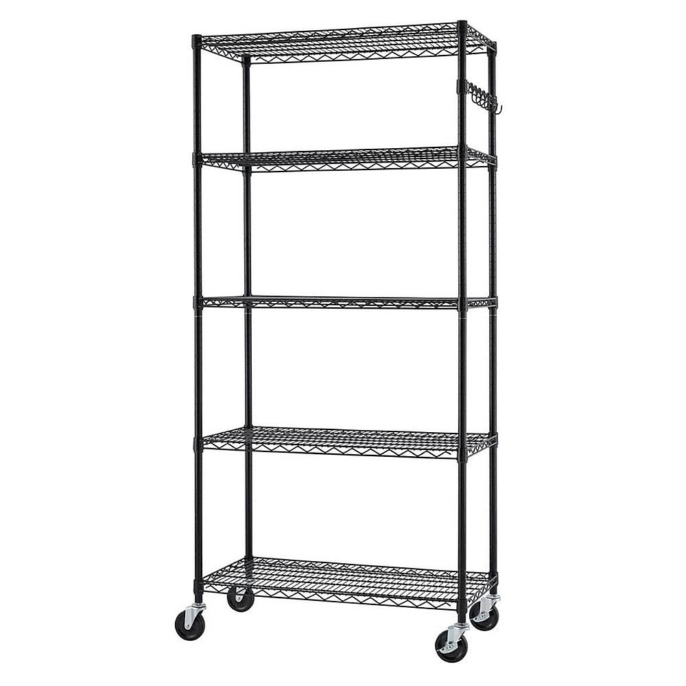 Left. TRINITY - TRINITY 5-Tier | 36x18x72 | Commercial Wire Shelving | NSF | w/ Sidebar & Wheels | Black - Black.