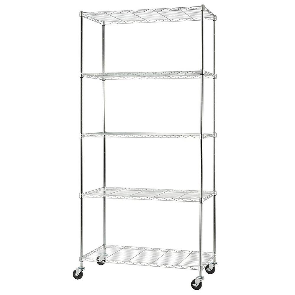 Angle. TRINITY - TRINITY BASICS® EcoStorage® 5-Tier | 36x18x72 | Wire Shelving | NSF | w/ Wheels | Chrome - Chrome.