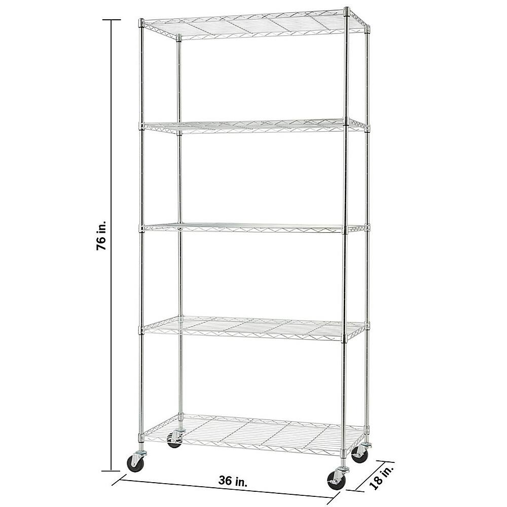 Left. TRINITY - TRINITY BASICS® EcoStorage® 5-Tier | 36x18x72 | Wire Shelving | NSF | w/ Wheels | Chrome - Chrome.