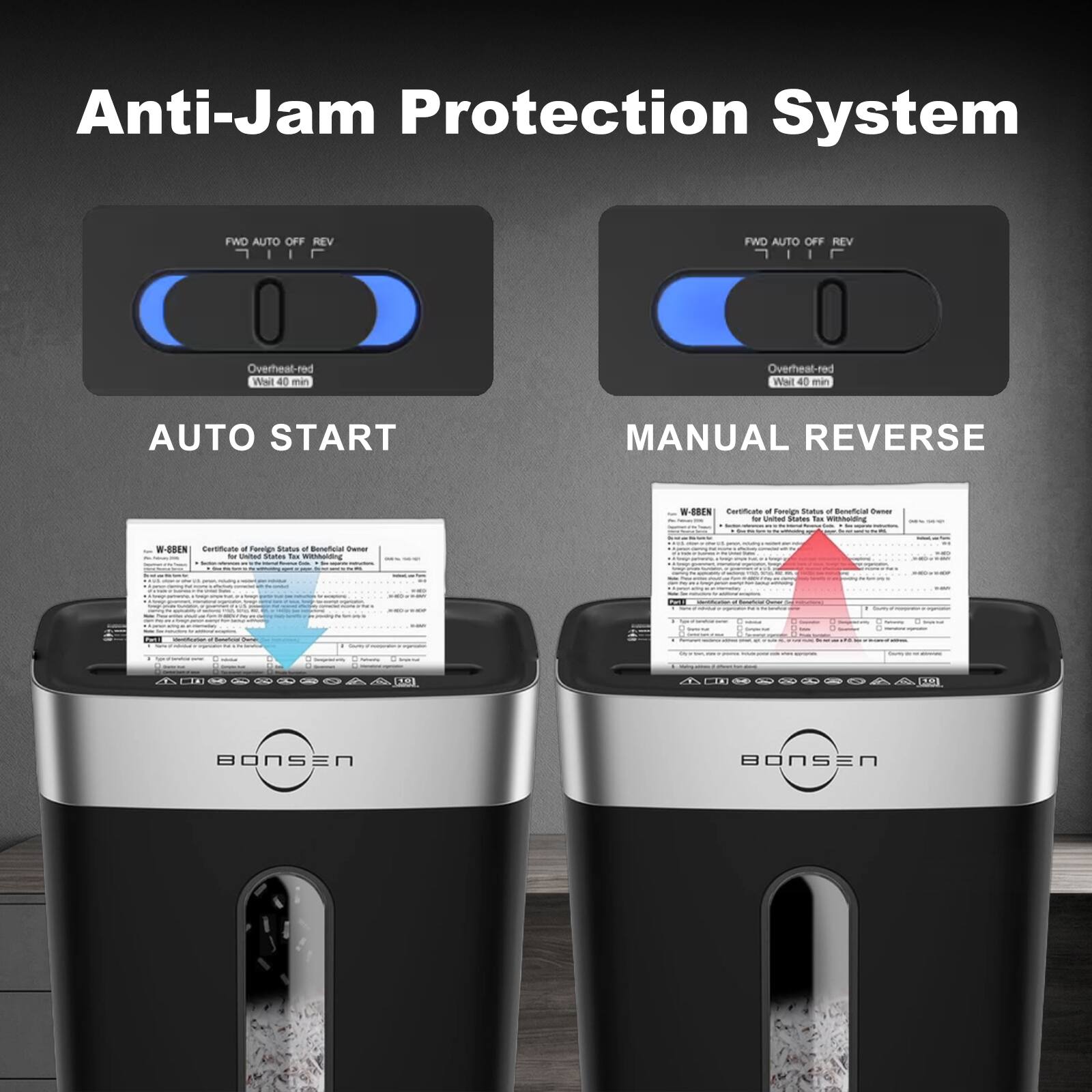 Anti-Jam Protection System

FWD AUTO OFF REV  
Overheat-red  
Wait 40 min

AUTO START

FWD AUTO OFF REV  
Overheat-red  
Wait 40 min

MANUAL REVERSE

W-BEN  
Certificate of Foreign States of Bonsen Owner  
for United States Tax Withholding

W-BEN  
Certificate of Foreign States of Bonsen Owner  
for United States Tax Withholding

BONSEN