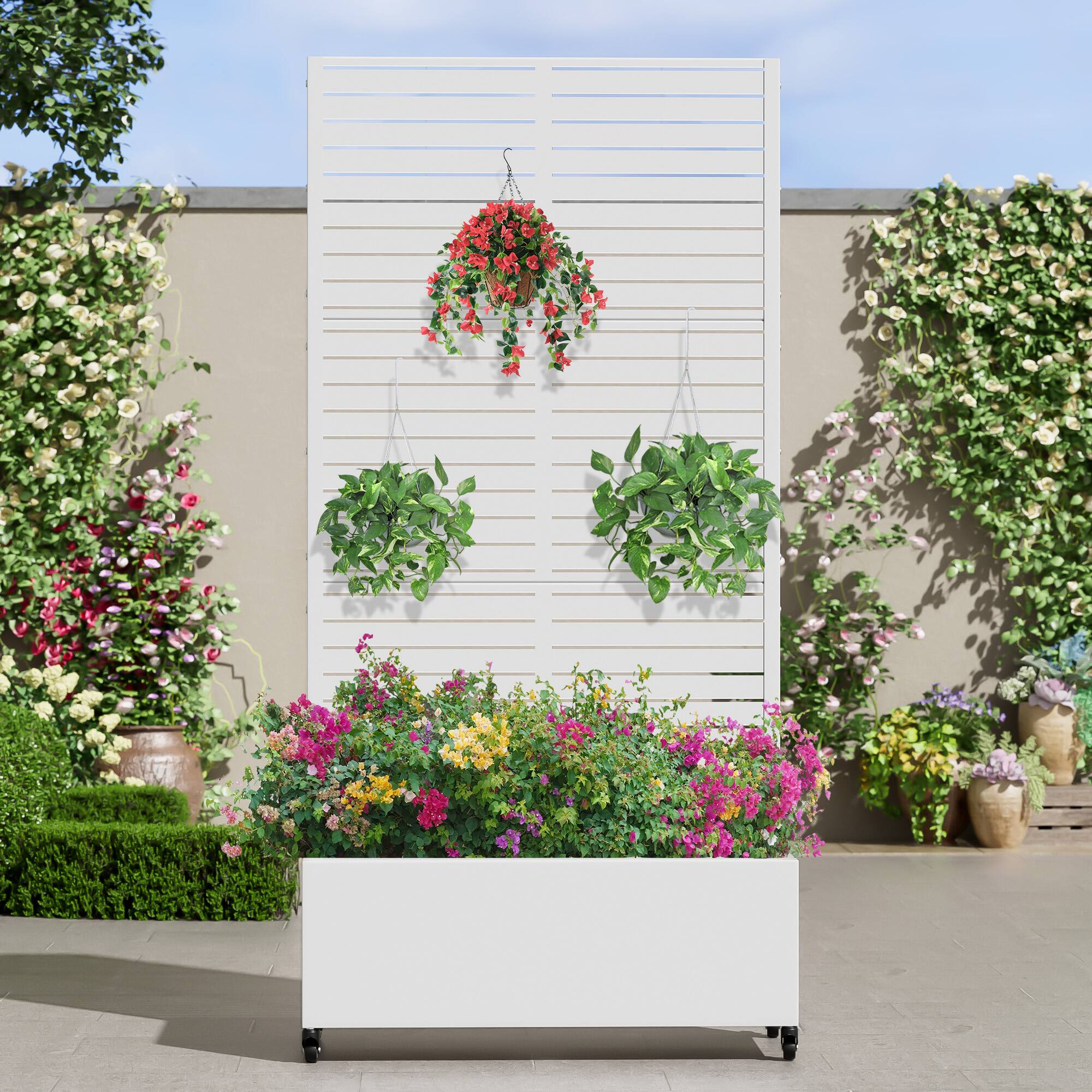PexFix- 72 in. H x 35 in. W Louvered Pattern Rectangle Metal Planter Box Raised Garden Beds with Trellis-Ideal for Balcony- White