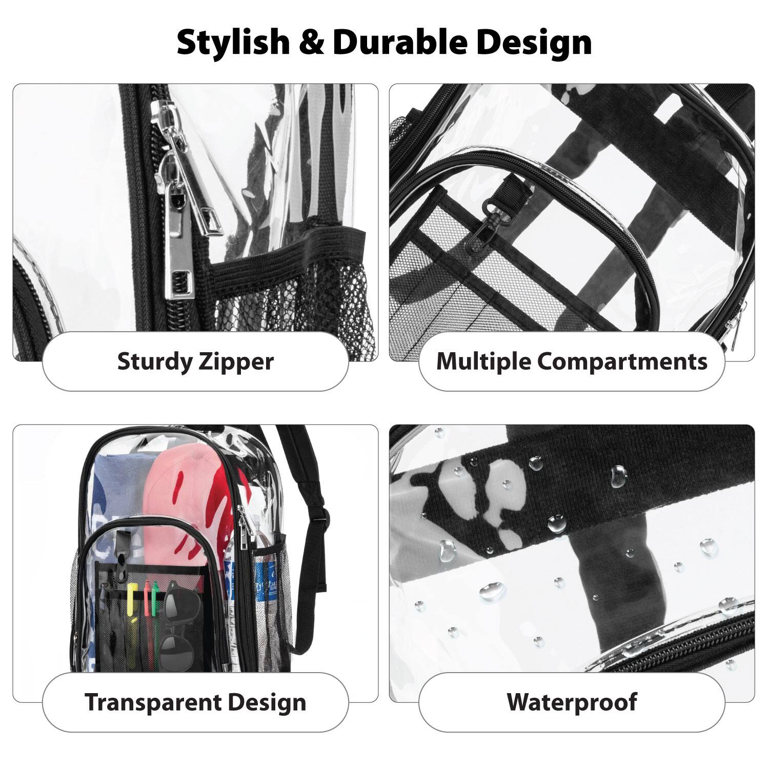 Stylish & Durable Design

- Sturdy Zipper
- Multiple Compartments
- Transparent Design
- Waterproof