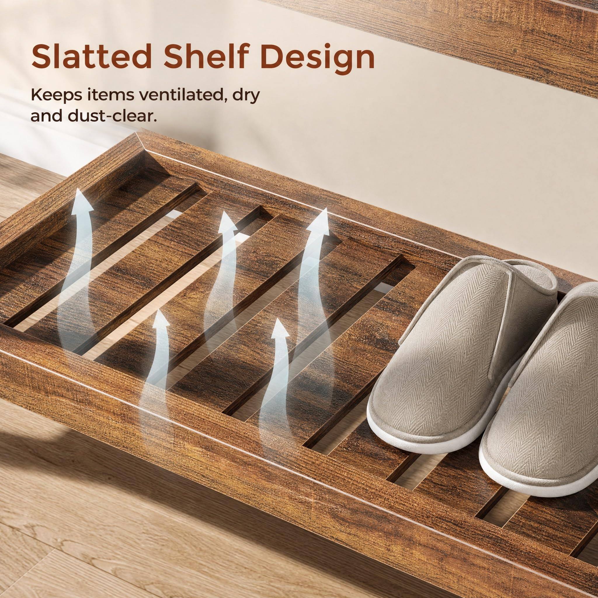 Slatted Shelf Design  
Keeps items ventilated, dry and dust-clear.