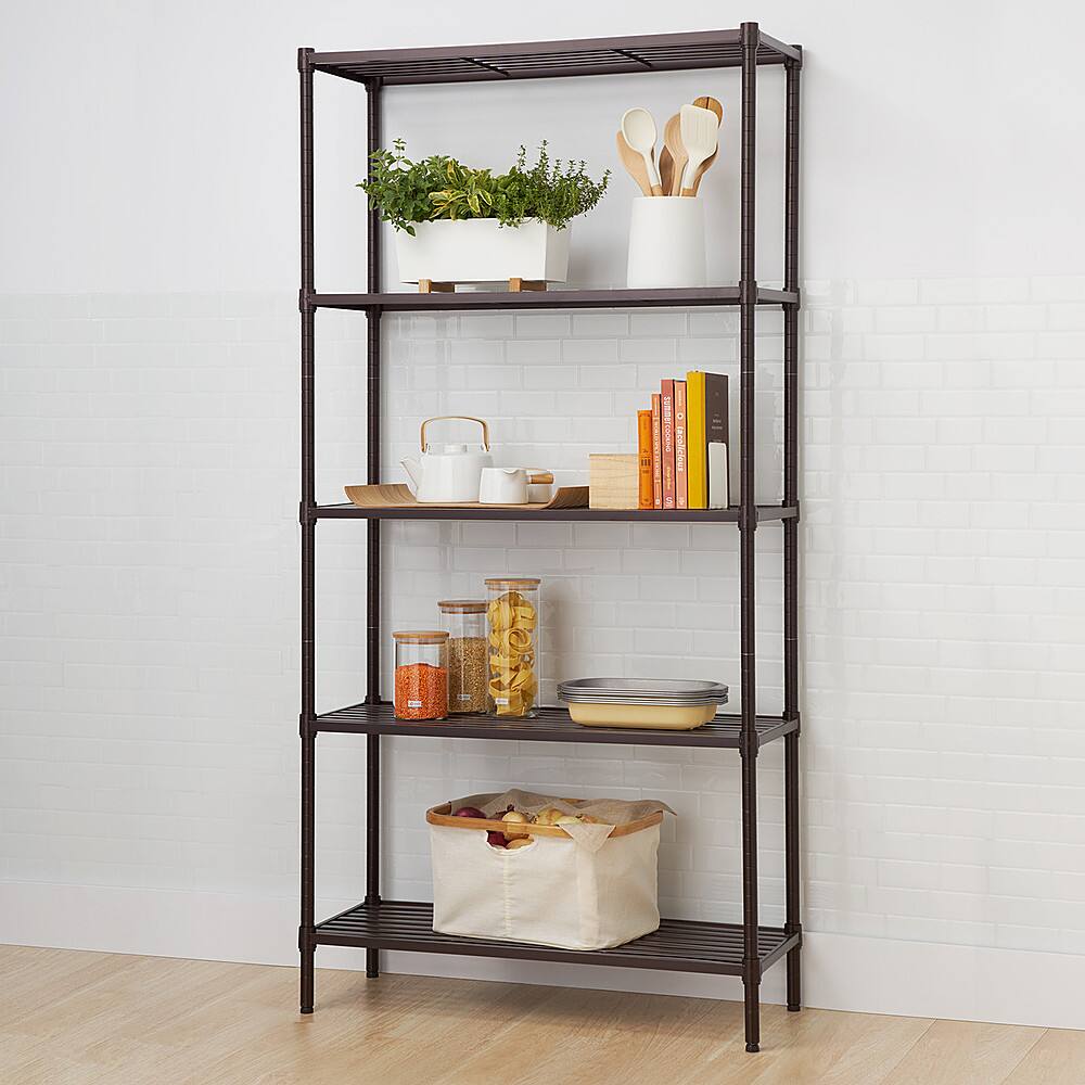 Left. TRINITY - TRINITY 5-Tier | 36x14x72 | Slat Shelving | Dark Bronze - Dark Bronze.