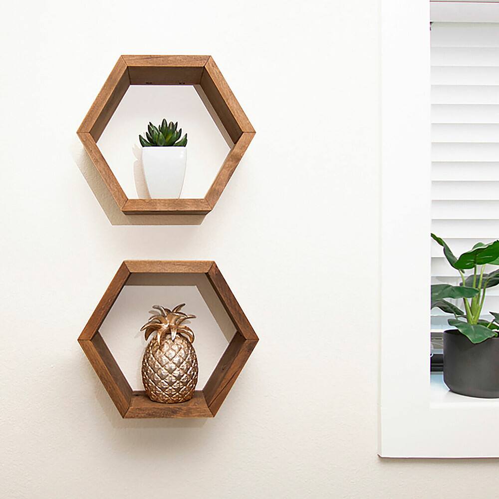 Angle. TRINITY - DRAKESTONE | Hexagon Shelves | 2-Pack | Walnut - Walnut.